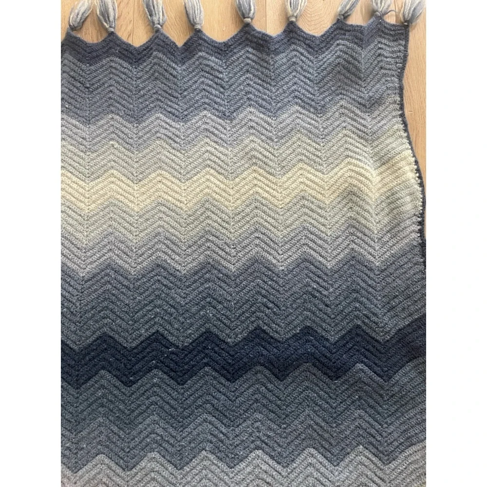 Vtg Blue Chevron Crochet Afghan 70's Boho Hippie Fringe Lap Blanket Throw 44x47